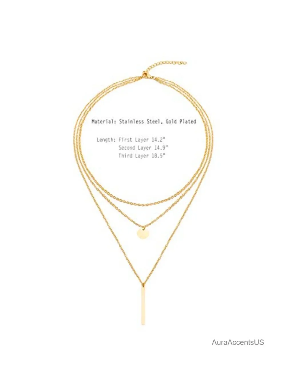 14K Gold Plated Layering Necklace with Bar and Chain Charms, Hypoallergenic